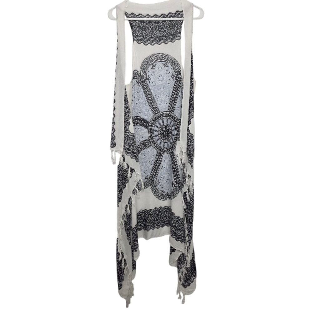 Duster Black and White Bohemian Patterned Duster With Tassels One Size